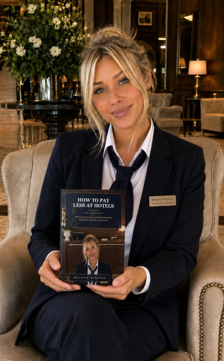 Melanie McQueen holding a copy of How to Pay Less at Hotels in a hotel lobby
